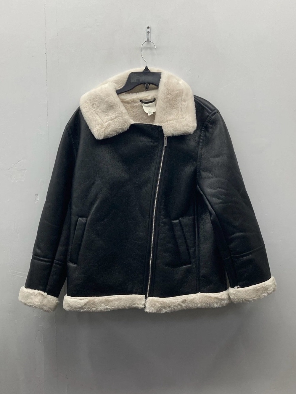 Joie Black faux Leather Aviator Jacket with Cream Shearling Trim size medium